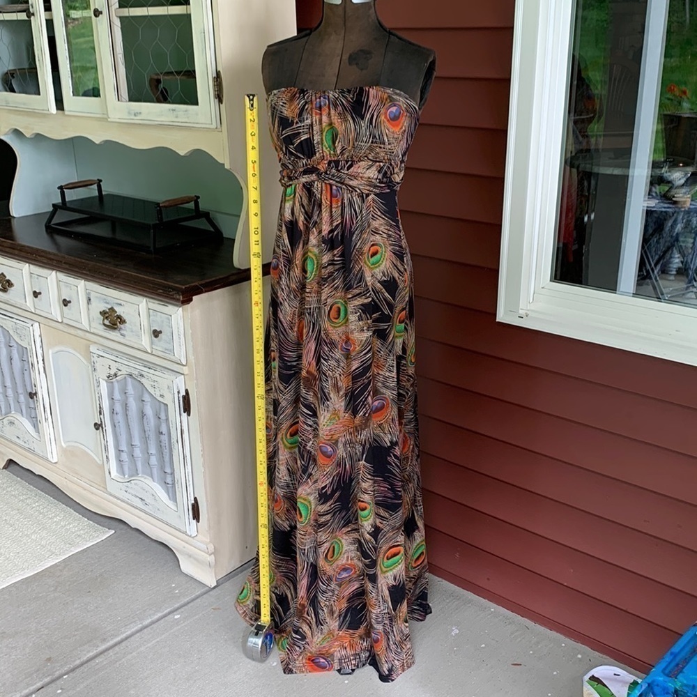 Poetry dress maxi luau Hawaii beach yard party feather print size Med strapless